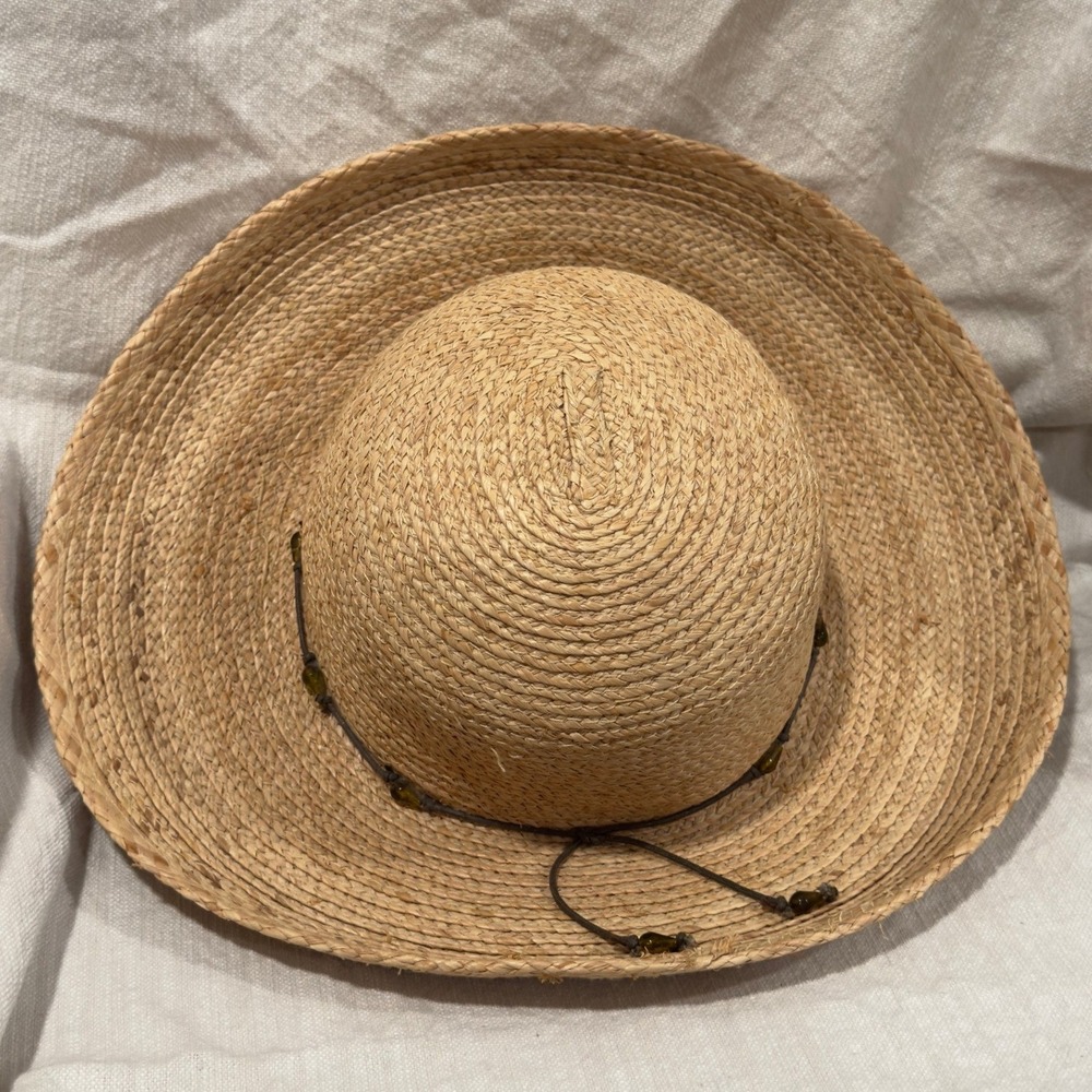 Eddie Bauer Womens Straw Sun Hat Tan Natural Fiber Beaded Band One‎ Size